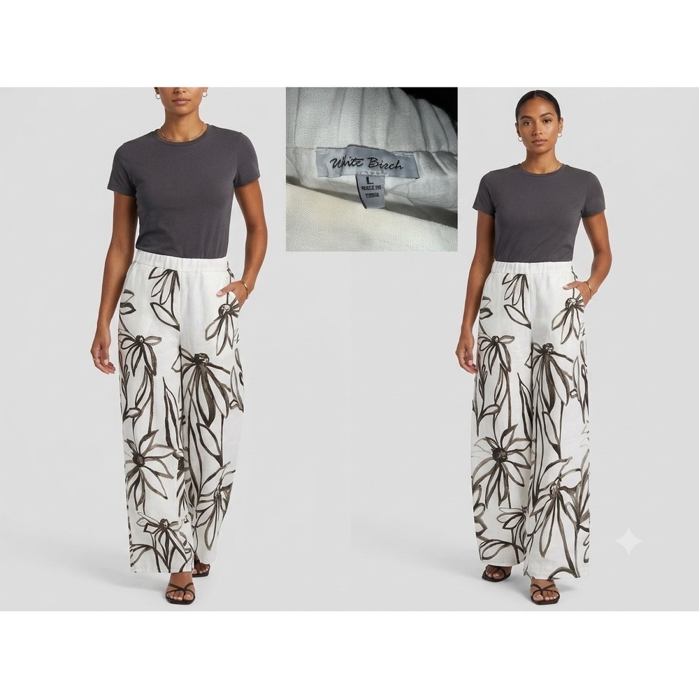 White Birch Floral‎ Wide Leg Pants White Brown Large P80379XL NWOT